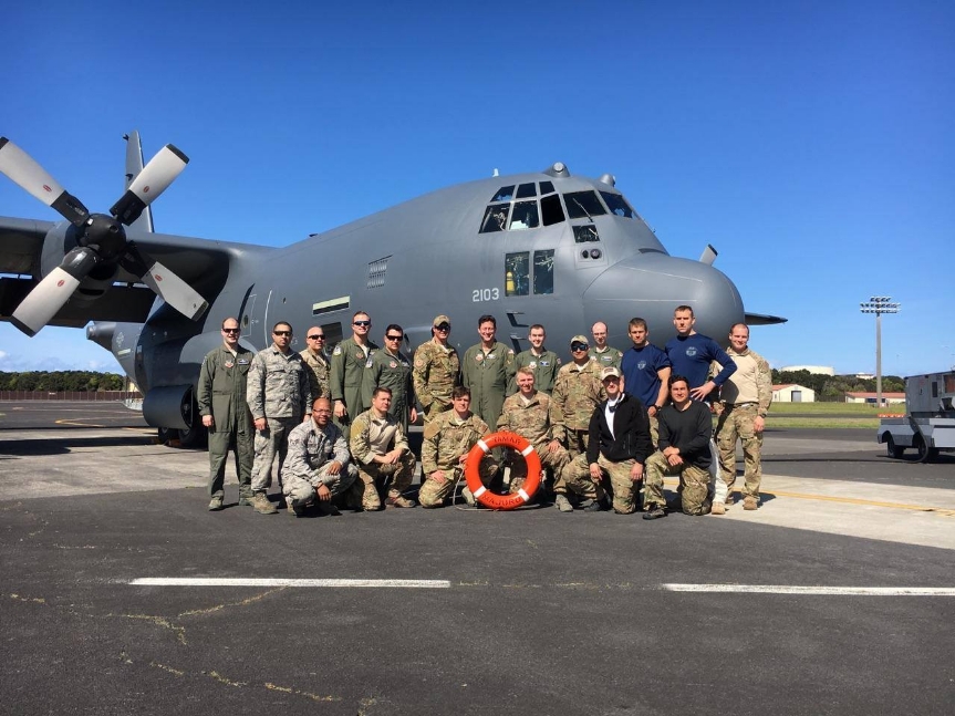 Parachute deployment of six Pararescuemen and one CRO to the vessel Tamar, 1500 miles out in the Atlantic 4-24-17.  Night deployment.  Outstanding job by the entire Wing, three seaman saved.